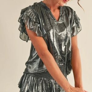 RESET by Jane Sasha Shine Blouse Flutter Sleeve Black Metallic New